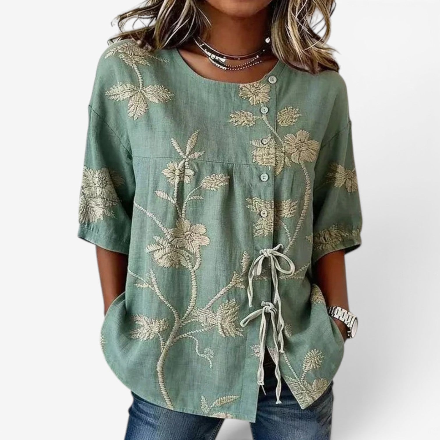 Melena™ Brodert linbluse