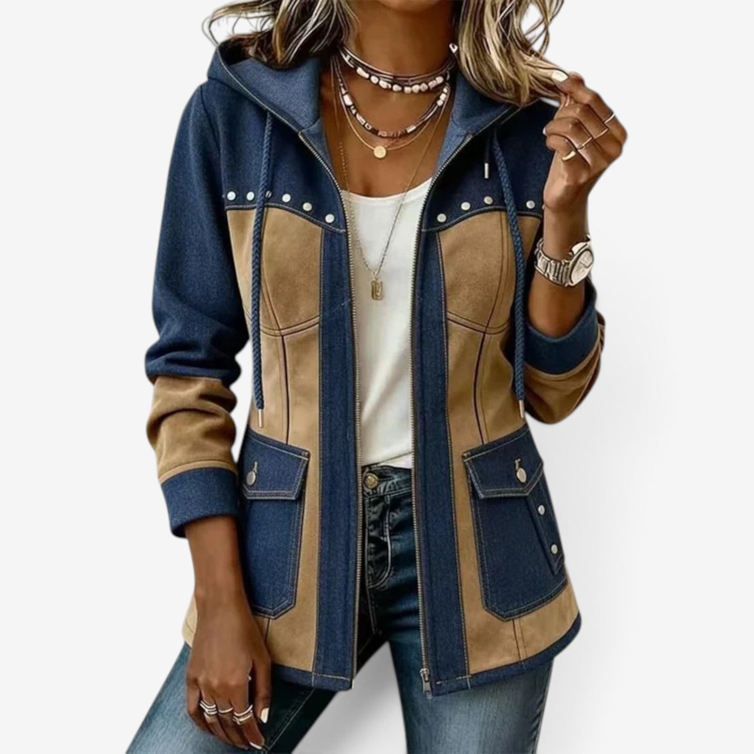Jizelle™ Hettejekke i denim og semsket skinn