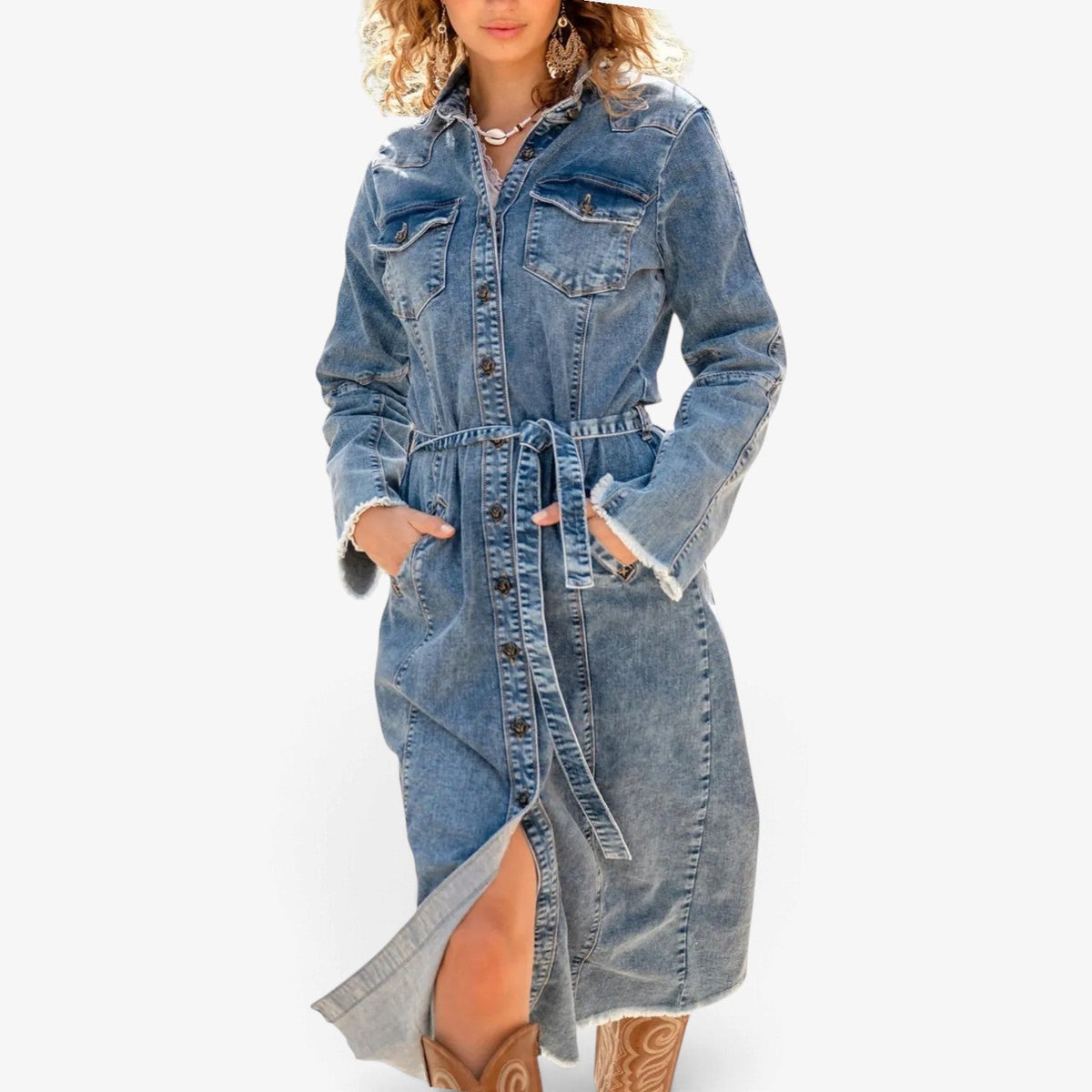 Lea™ Longline denimkjole med belte