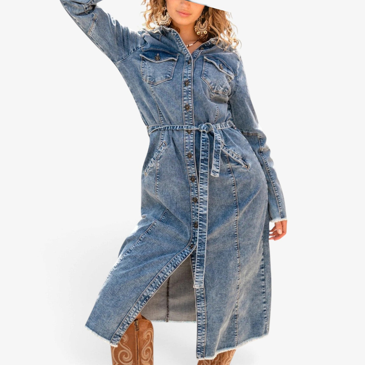 Lea™ Longline denimkjole med belte